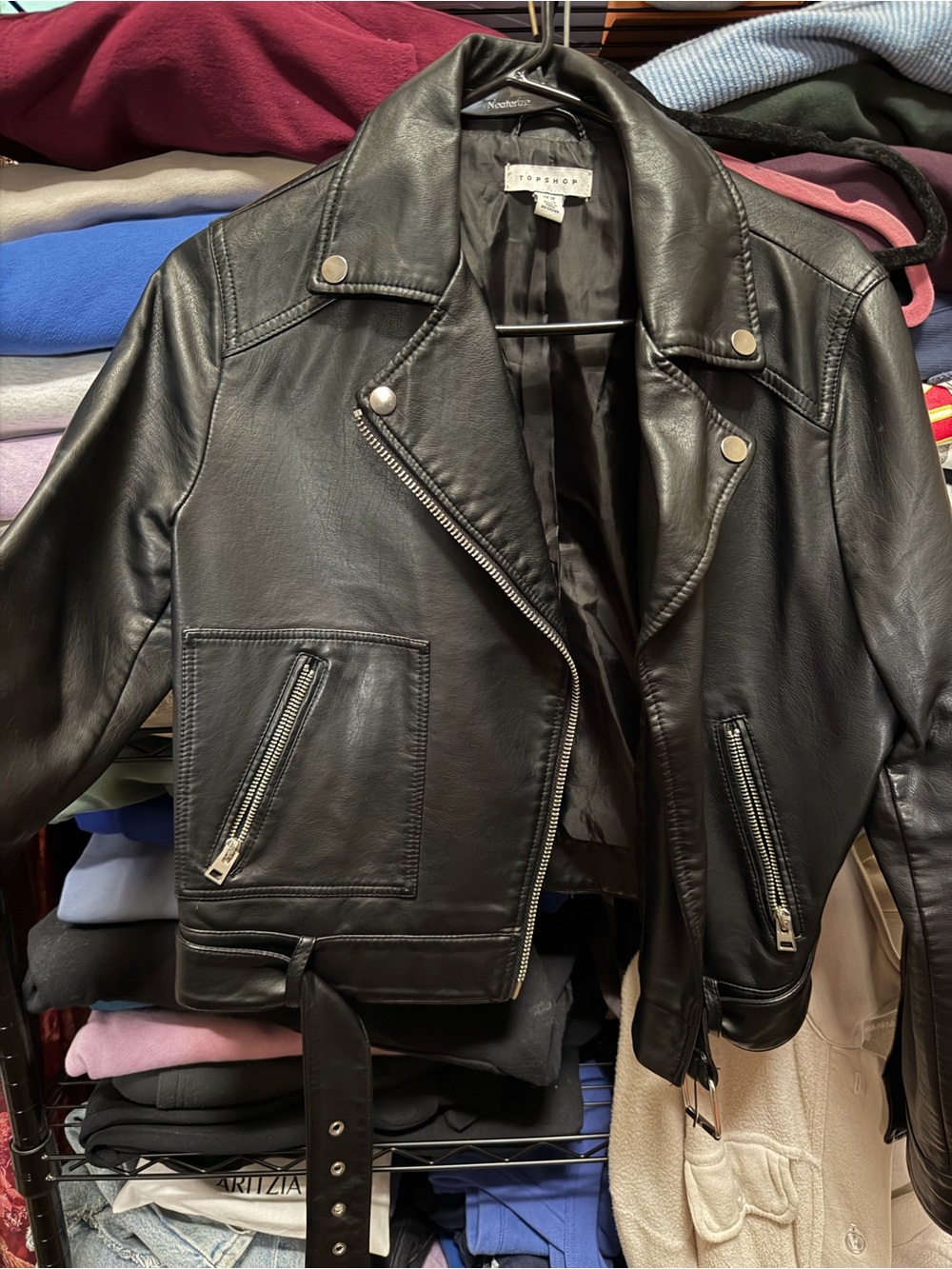 Topshop Black Faux Leather Moto-Style Jacket with Belt